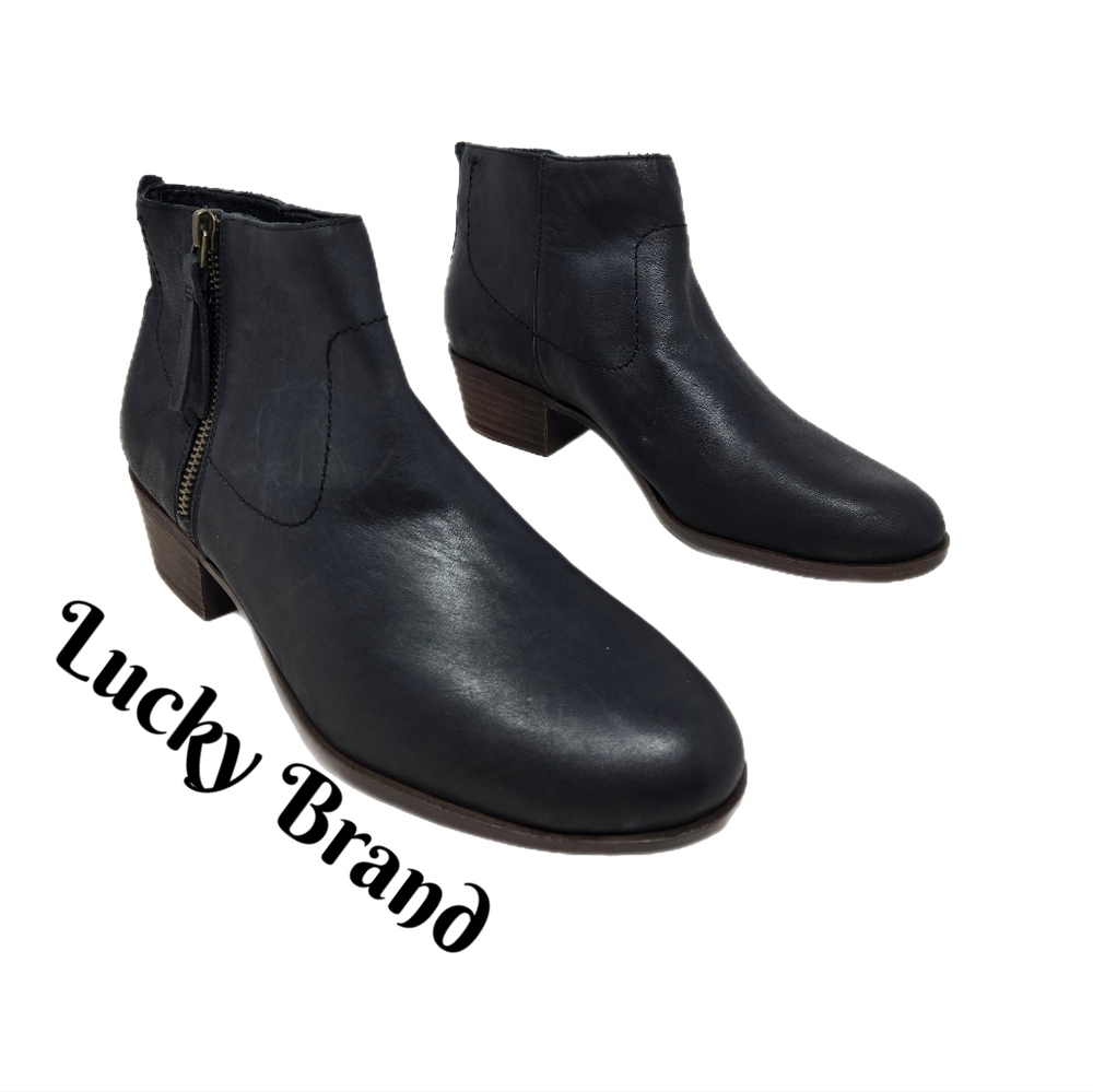 Lucky Brand Womens Blandre Boots Sz 8.5M Black Leather Low Profile Low Heel